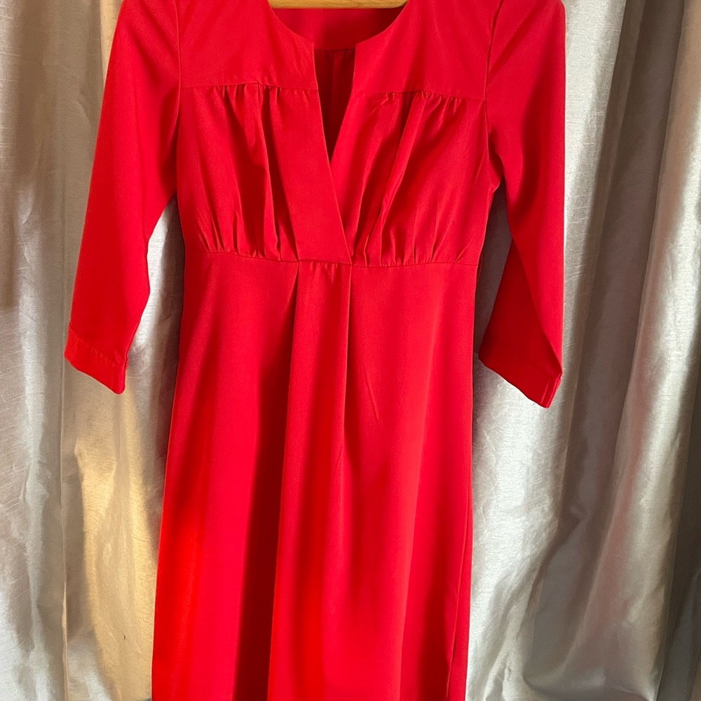 H&M Bright Red V-Neck Midi Dress with 3/4 Sleeves